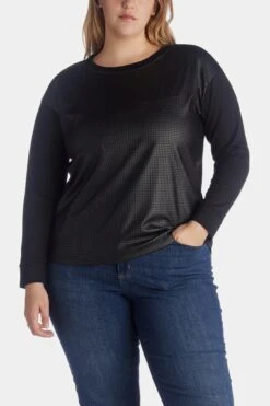 Anne Klein Serenity Knit Drop Shoulder Pullover With Perforated Leather Front