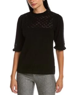 Anne Klein Lace Stitch Yoke Cashmere-Blend Sweater Women