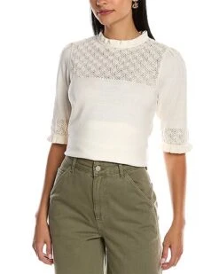 Anne Klein Lace Stitch Yoke Cashmere-Blend Sweater Women