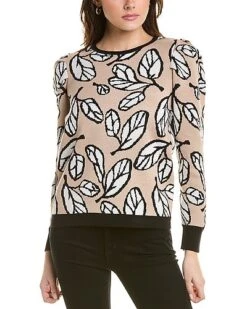 Anne Klein Leaf Puff Sleeve Jacquard Sweater Women