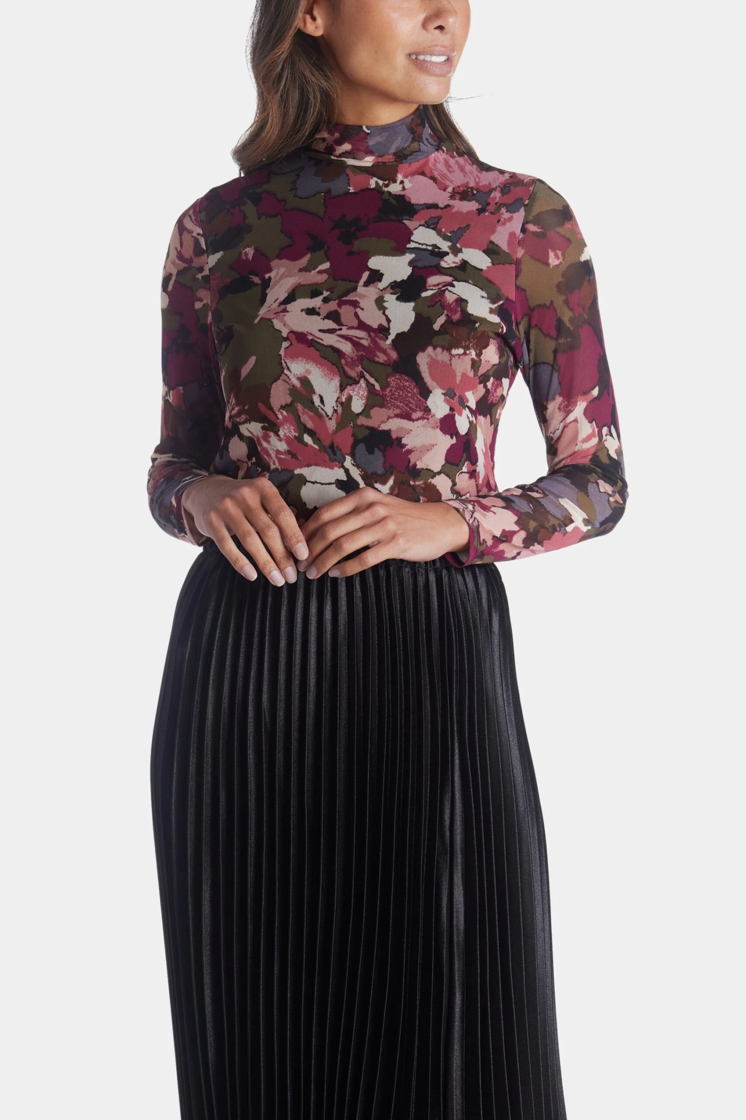 Anne Klein Floral Mesh Long Sleeve Zip Back Mock Neck Top - Image 6