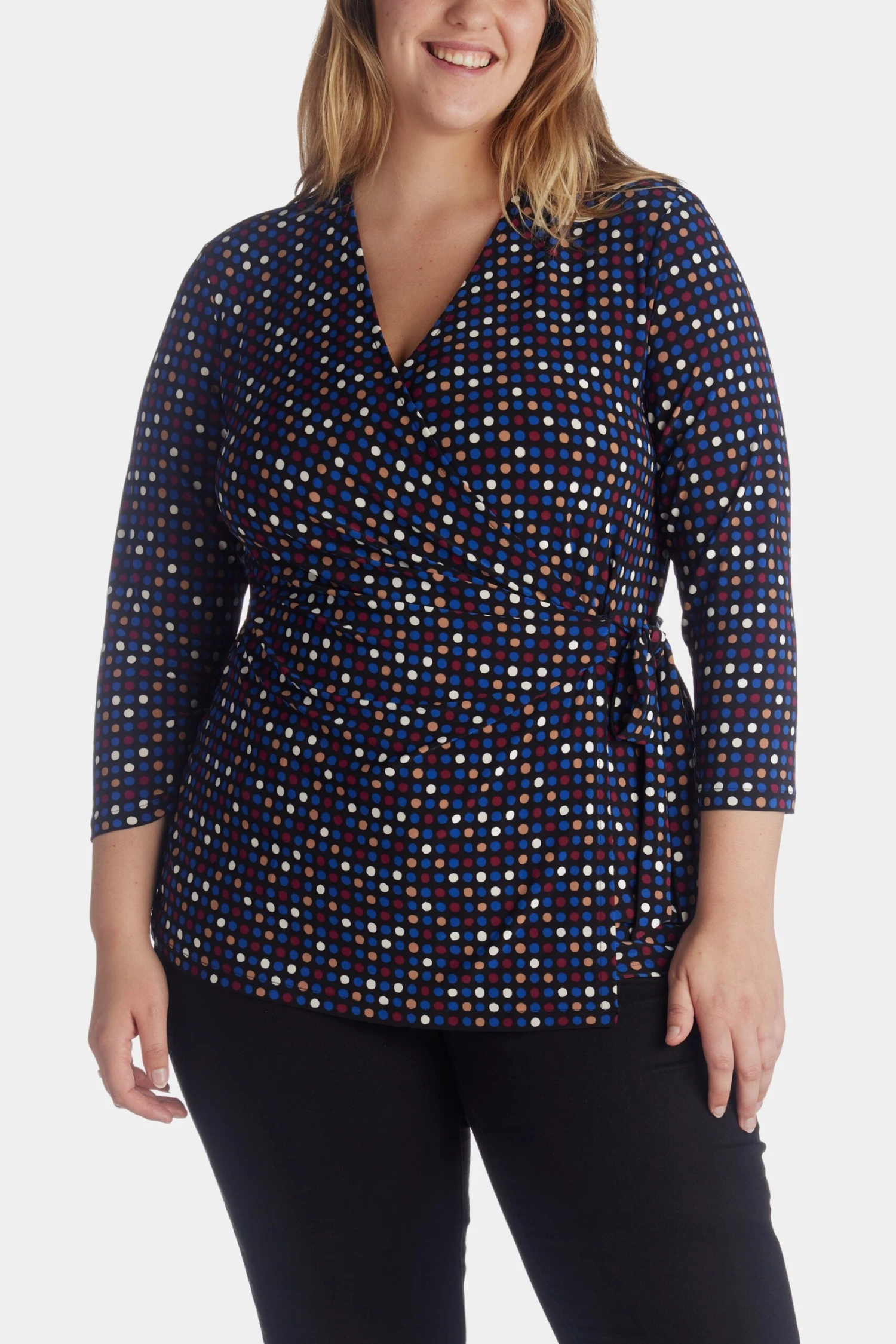 Anne Klein Pearly Dot 3/4 Sleeve Knit Faux Wrap Top - Image 3