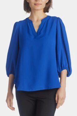 Anne Klein Split Neck High Low Long Sleeve Blouse