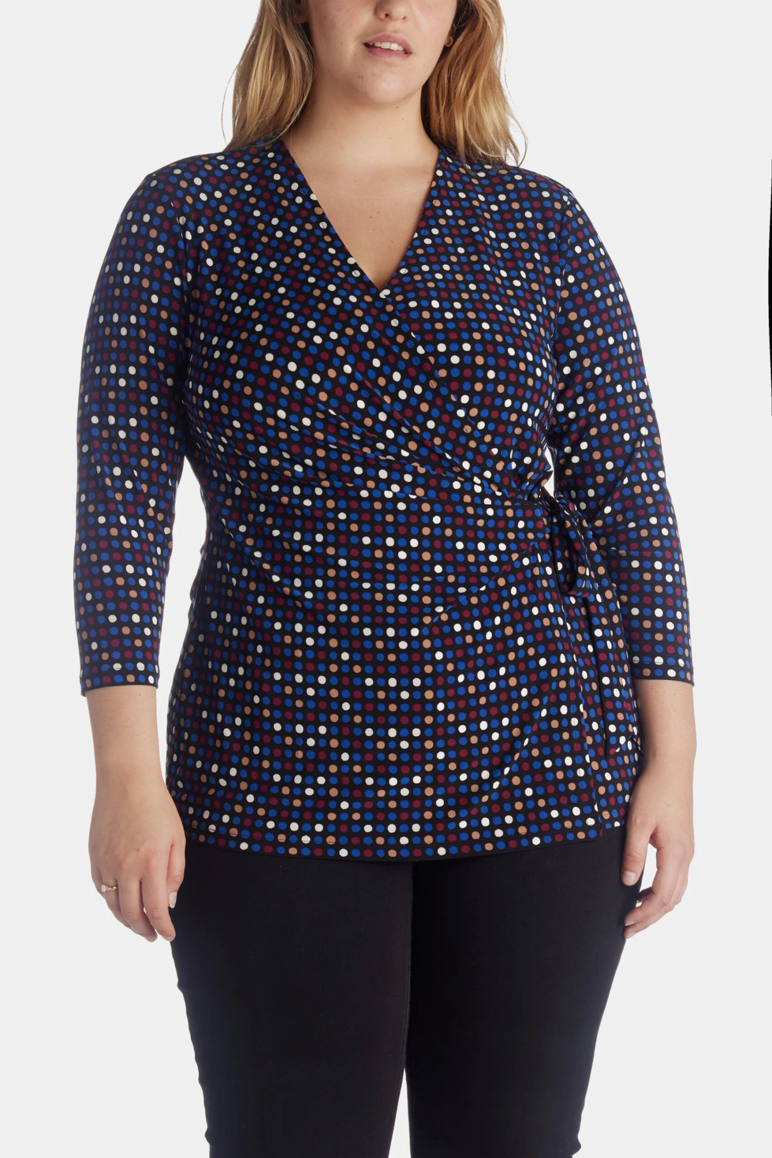 Anne Klein Pearly Dot 3/4 Sleeve Knit Faux Wrap Top