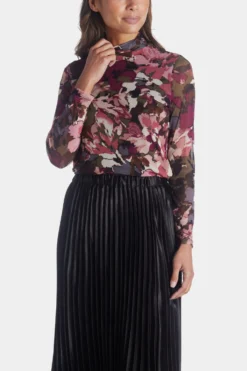 Anne Klein Floral Mesh Long Sleeve Zip Back Mock Neck Top