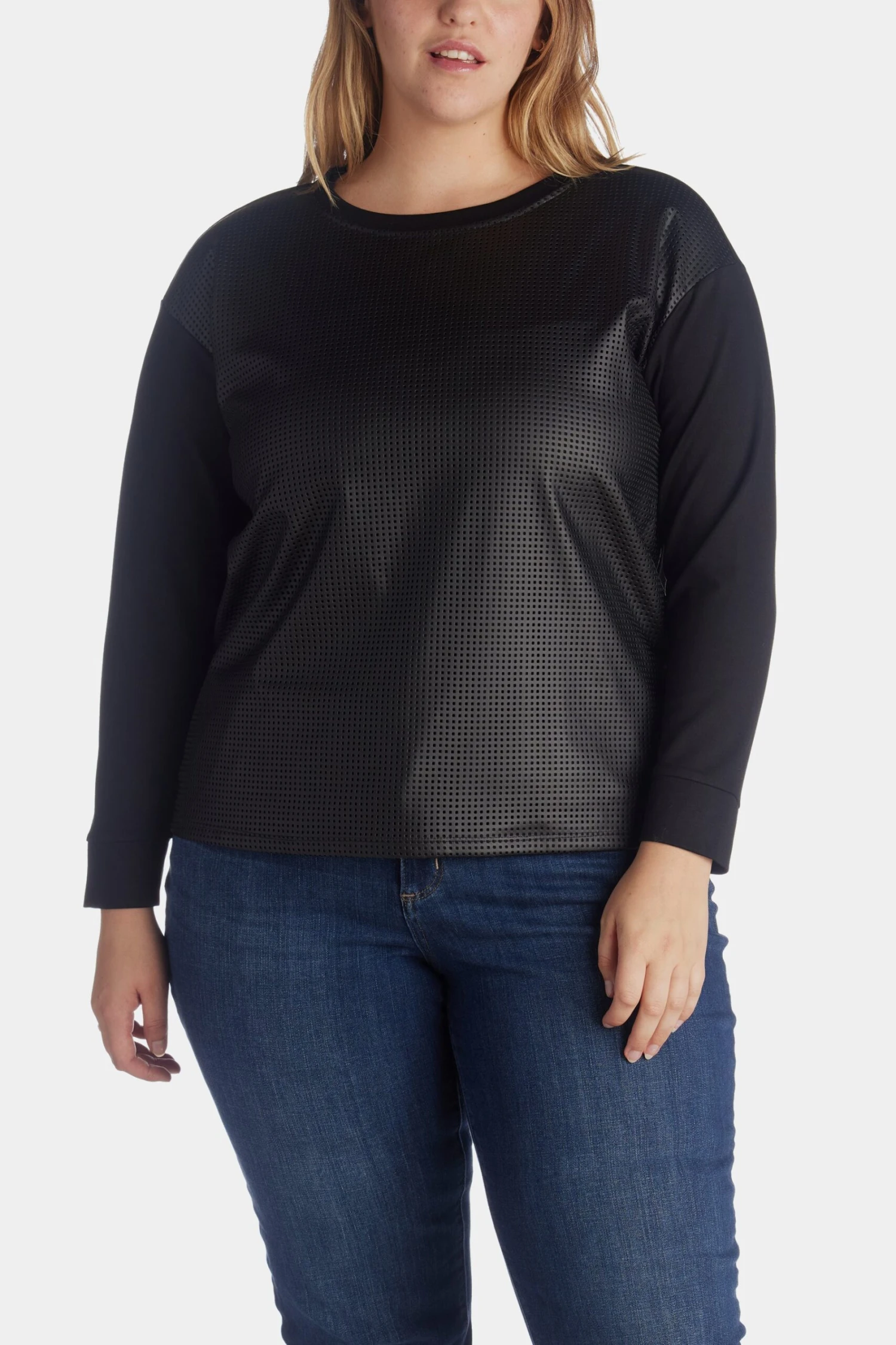 Anne Klein Serenity Knit Drop Shoulder Pullover With Perforated Leather Front - Image 5