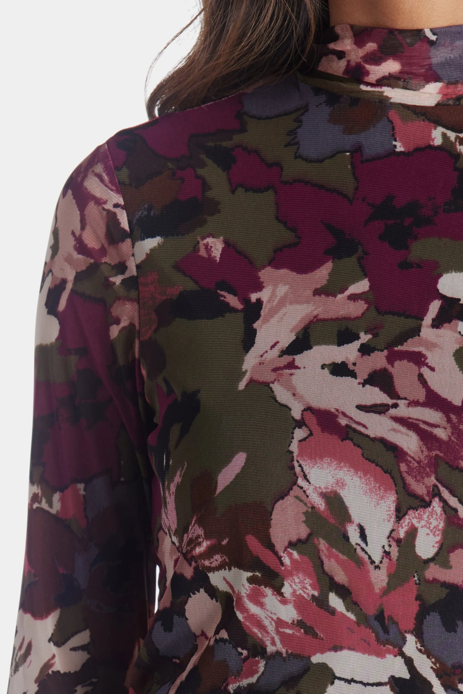 Anne Klein Floral Mesh Long Sleeve Zip Back Mock Neck Top - Image 3