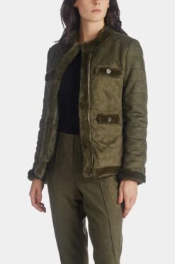 Anne Klein Scuba Suede & Fur Trim Quilted Jacket