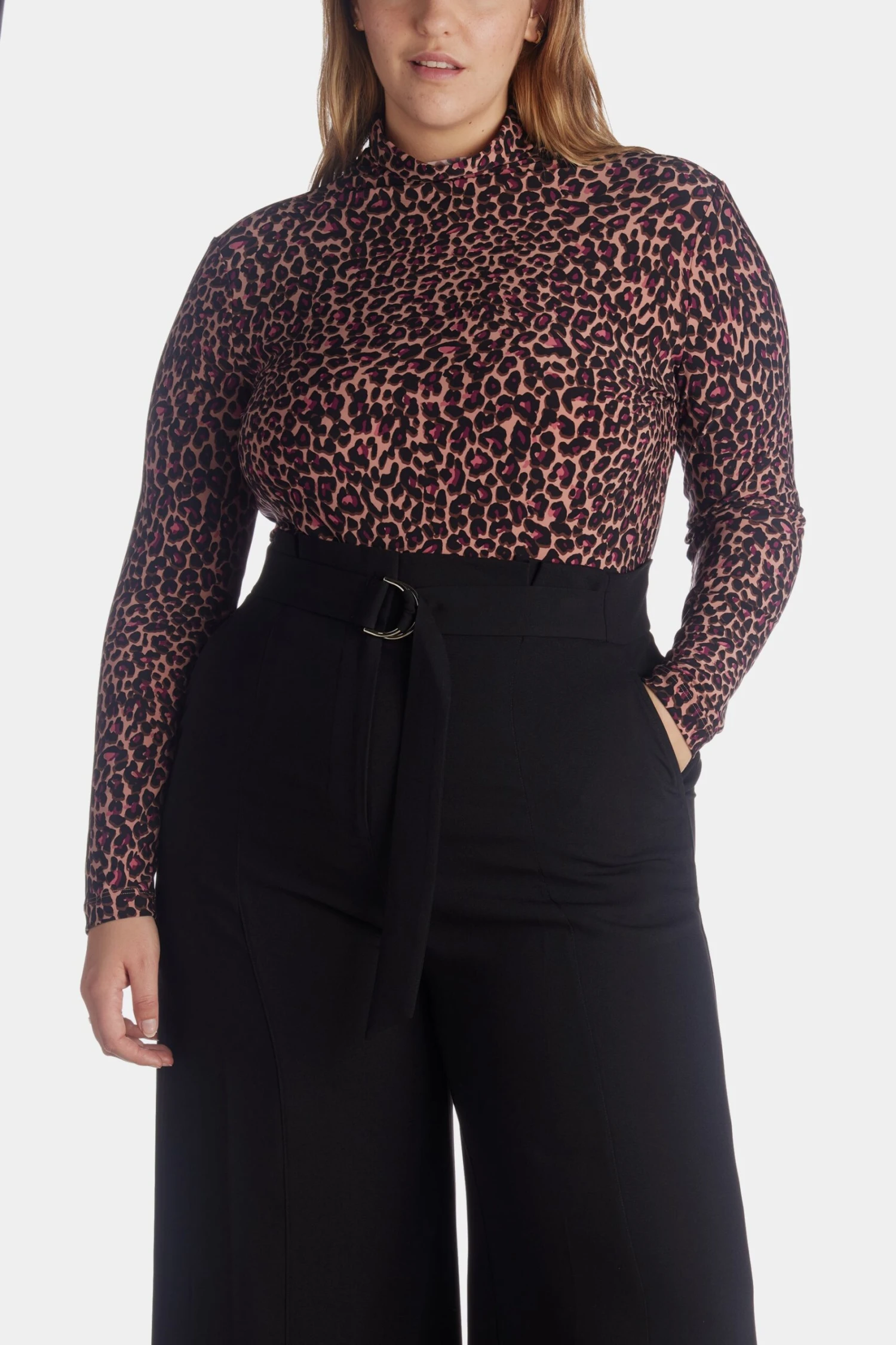 Anne Klein Animal Printed Jersey Knit Turtleneck Top