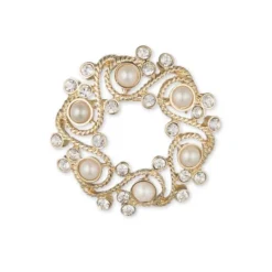 Anne Klein 6MM White Freshwater Pearl And Crystal Wreath Brooch