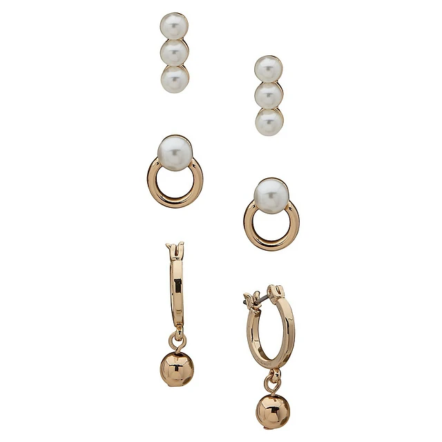 Anne Klein Three-Pair Goldtone & Faux Pearl Stud Earrings Set