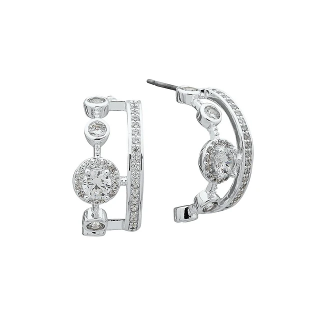 Anne Klein Silvertone Mixed Pavé C Hoop Earrings